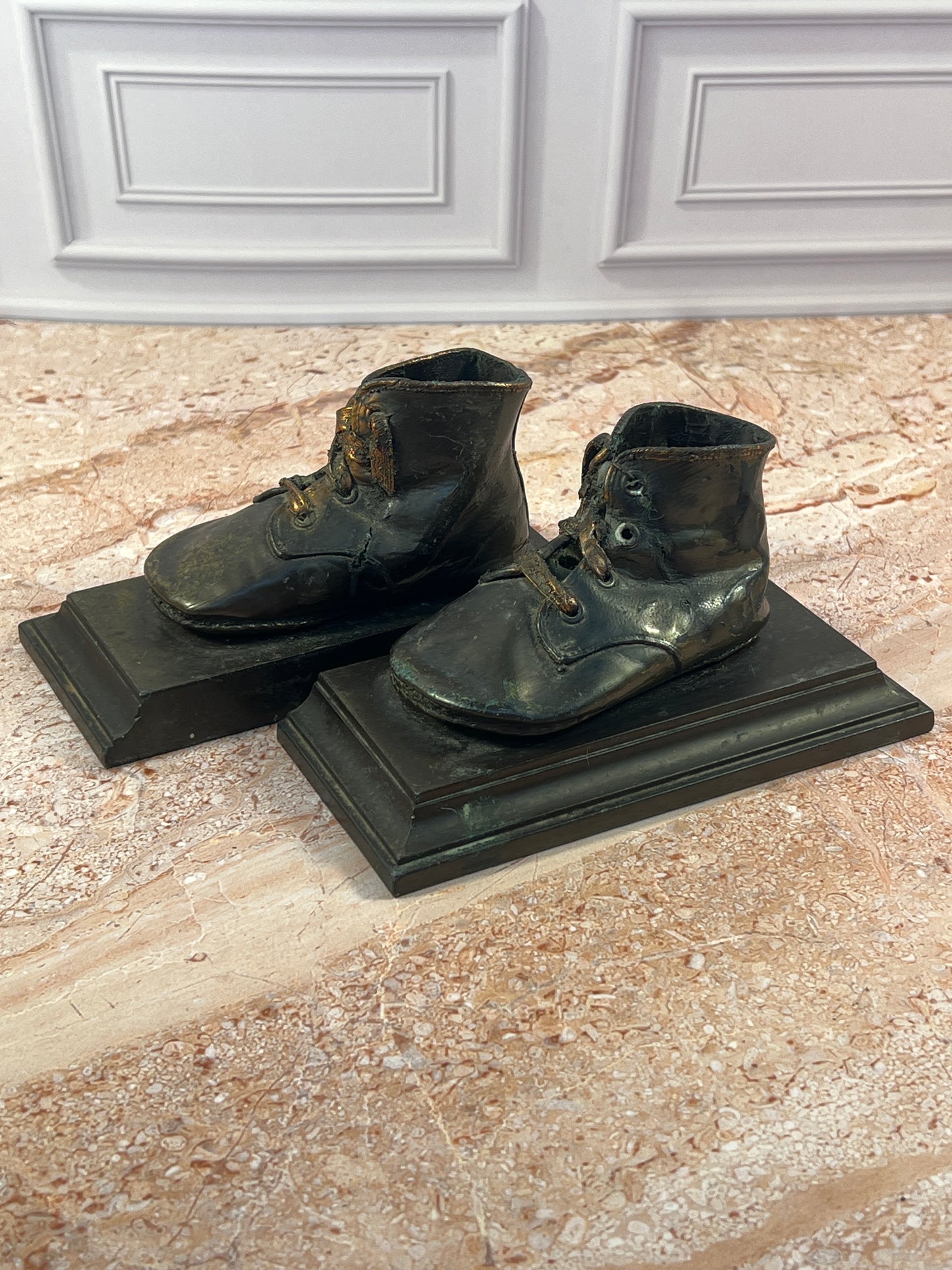 Vintage Baby Shoe Bookends Pair Dark Metal Leather Boots photo 1