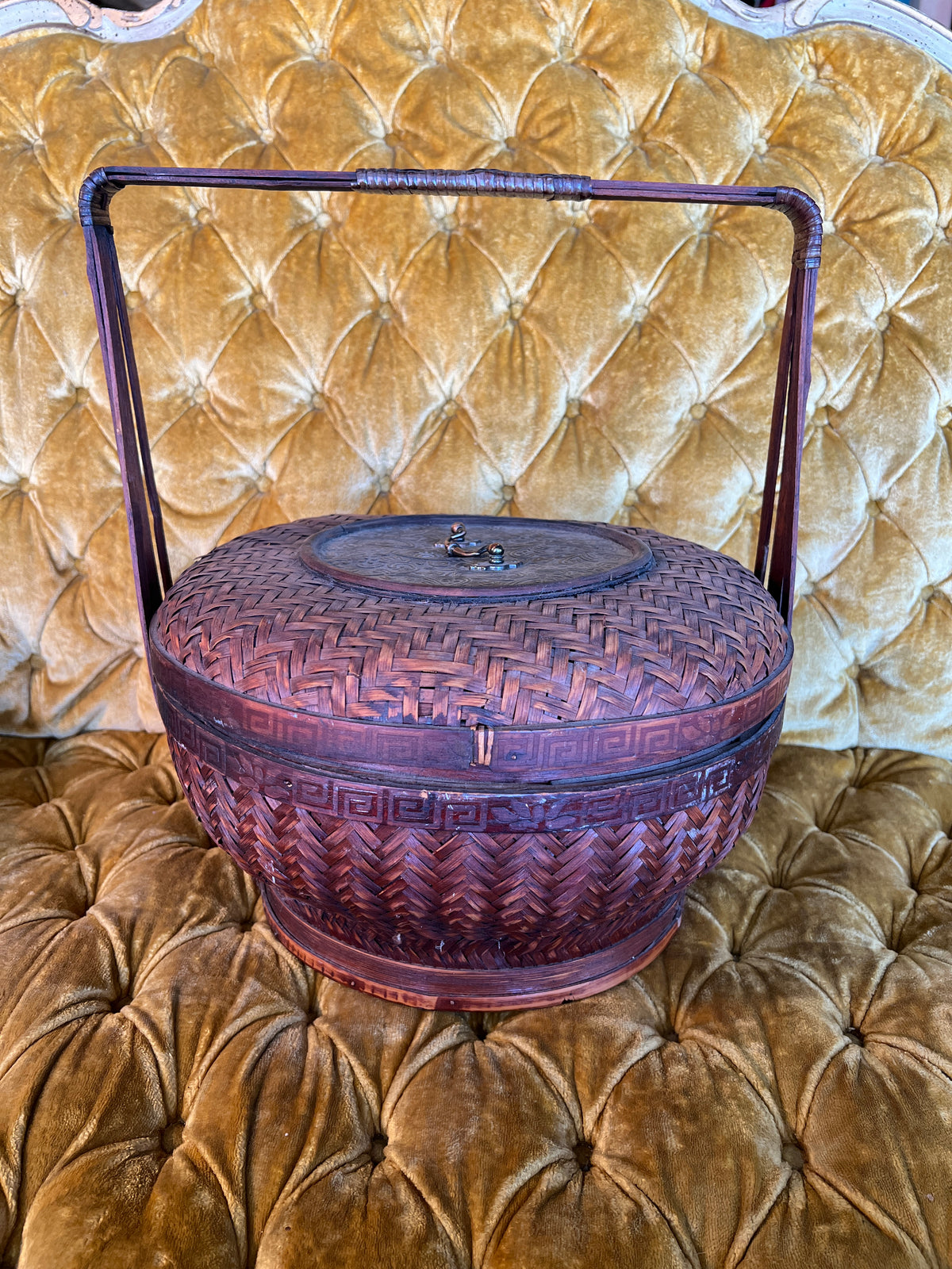 Vintage Asian Style Bamboo Sewing Basket with Handle and Lidded Compartment photo 1