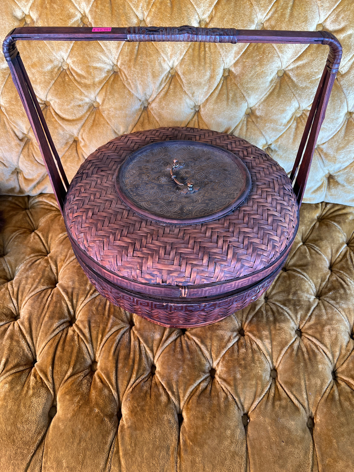 Vintage Asian Style Bamboo Sewing Basket with Handle and Lidded Compartment photo 2