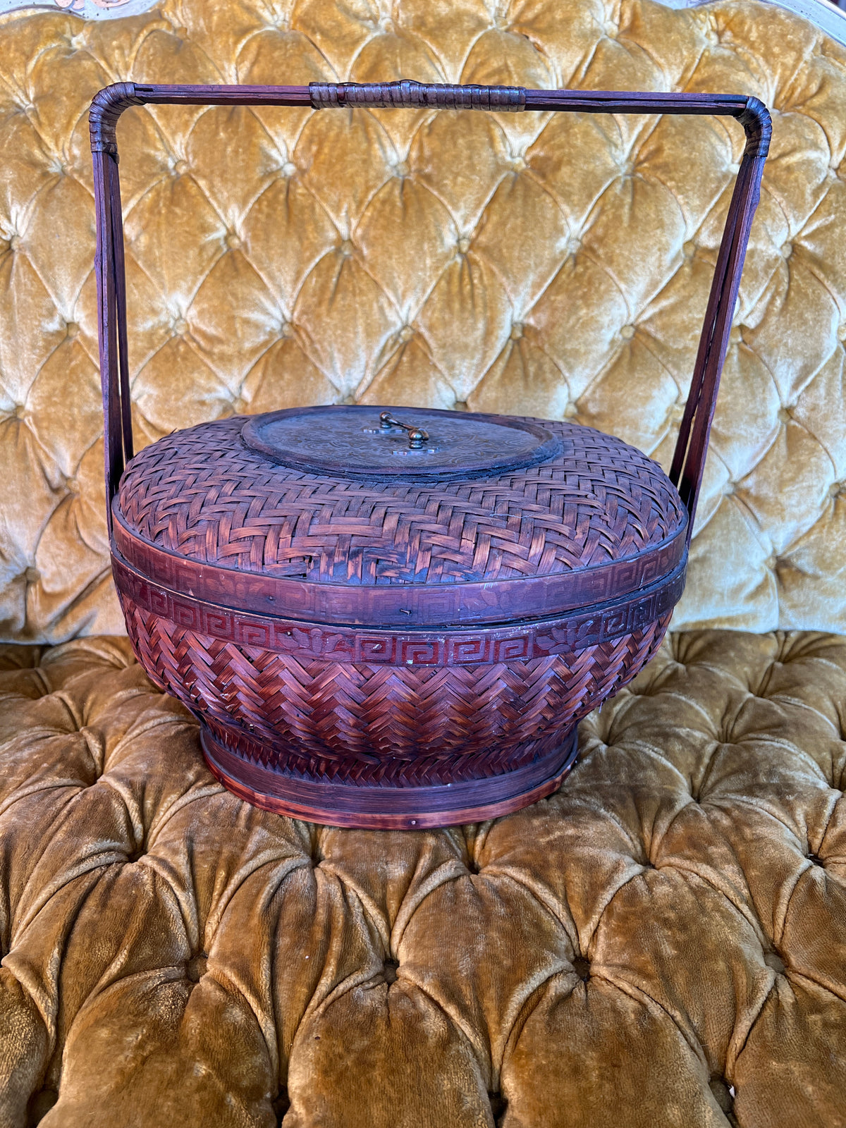 Vintage Asian Style Bamboo Sewing Basket with Handle and Lidded Compartment photo 3