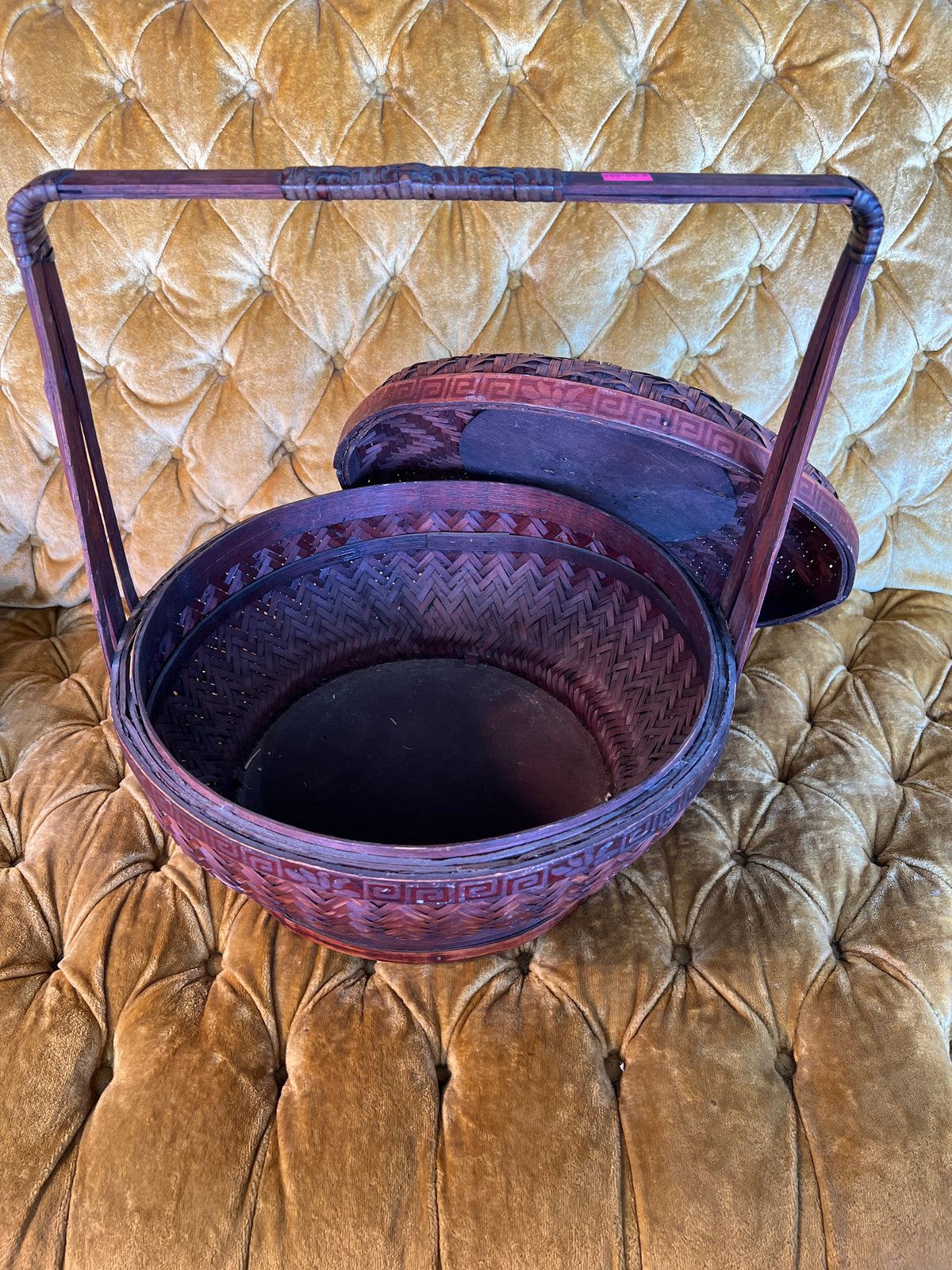 Vintage Asian Style Bamboo Sewing Basket with Handle and Lidded Compartment photo 5