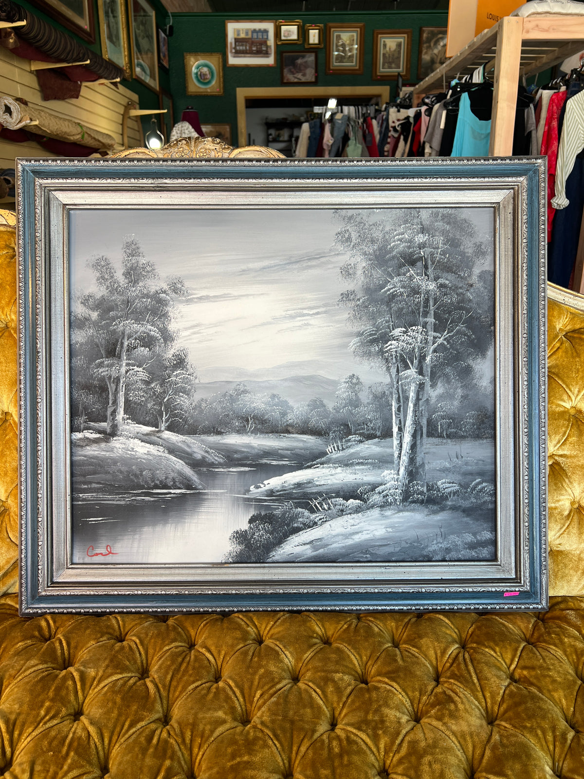 Signed Monochrome Winter Landscape Oil Painting in Silver-Tone Frame photo 1