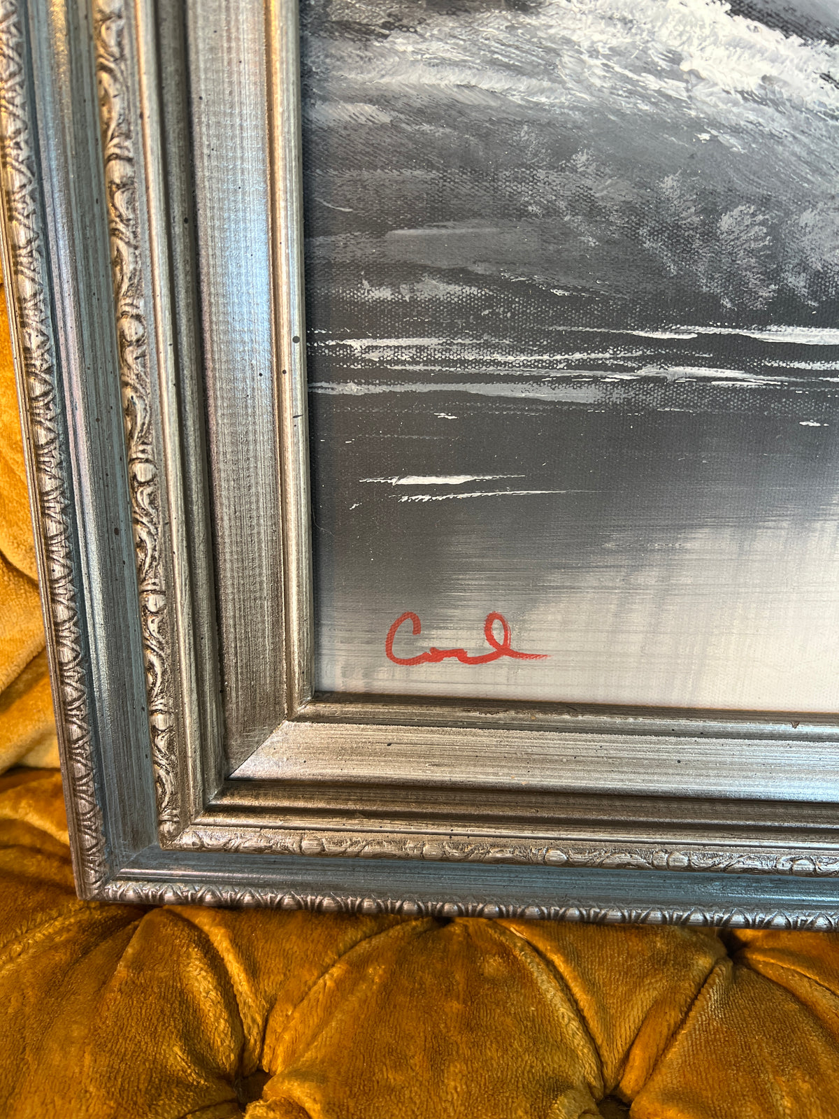 Signed Monochrome Winter Landscape Oil Painting in Silver-Tone Frame photo 2