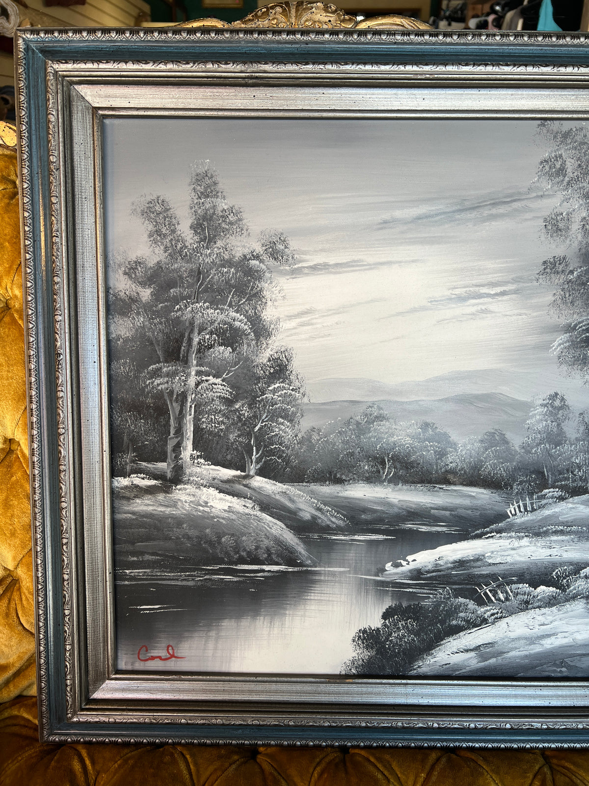 Signed Monochrome Winter Landscape Oil Painting in Silver-Tone Frame photo 3