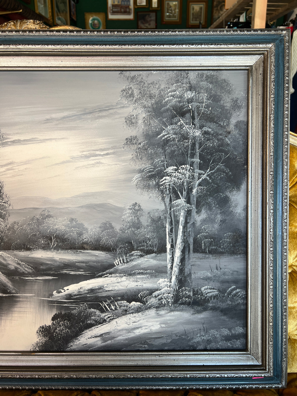 Signed Monochrome Winter Landscape Oil Painting in Silver-Tone Frame photo 4