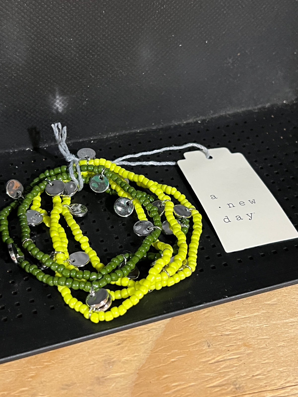 A New Day Green & Neon Yellow Beaded Wrap Bracelet with Silver Tone Charms photo 1