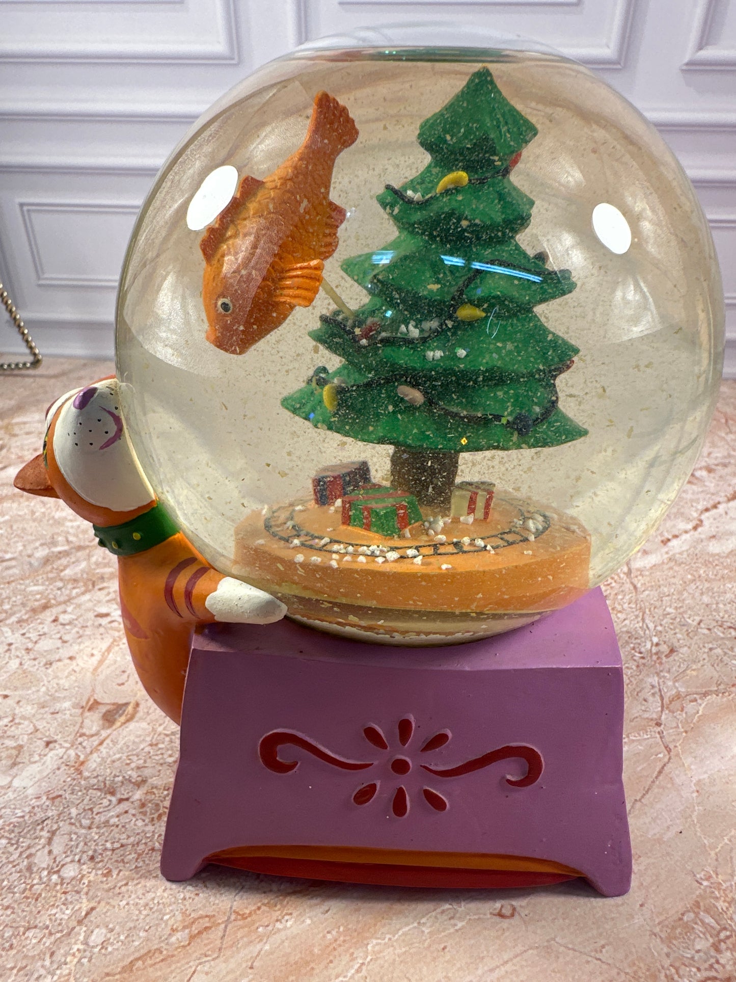 Department 56 1994 Christmas Snow Globe Cat Fish Tree Music Box photo 4